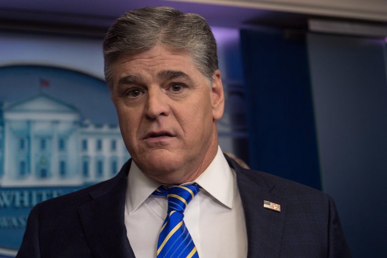 Fox News host Sean Hannity is seen in the White House briefing room in Washington, DC, on January 24, 2017. / AFP / NICHOLAS KAMM (Photo credit should read NICHOLAS KAMM/AFP/Getty Images)
